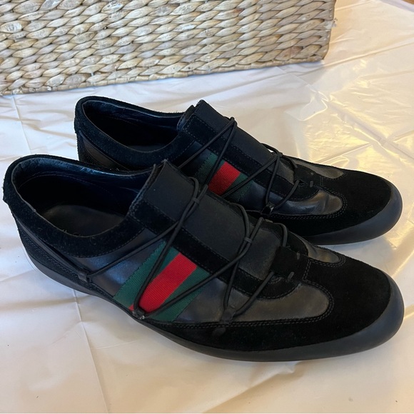 Gucci sneakers: black suede & leather, red/green stripes, elastic gore & laces - Picture 3 of 10